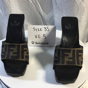 Fendi Black Leather Slide Sandals with Brown FF Jacquard Strap
